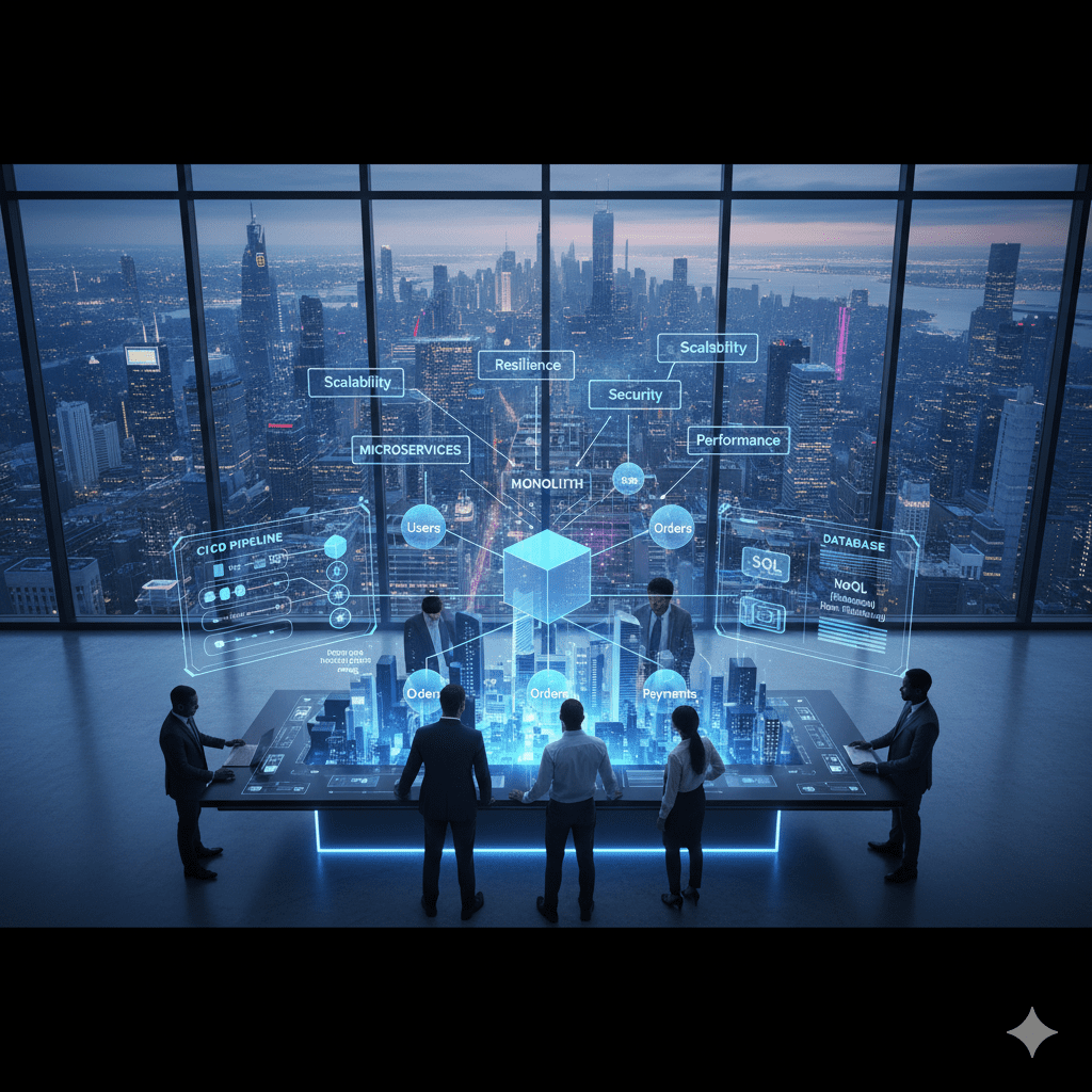 A professional team in a boardroom analyzing a 3D hologram representing system architecture fundamentals, featuring monolith and microservices models.