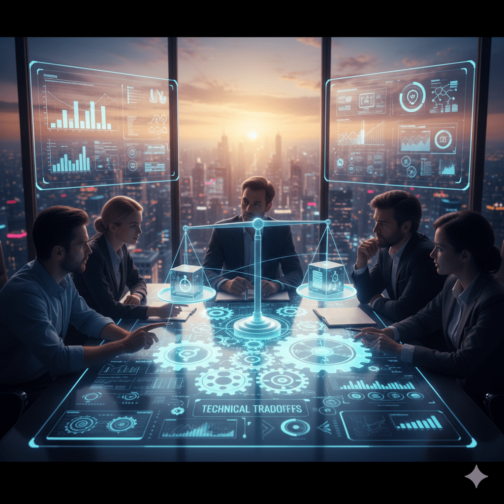 A high-tech digital interface displaying technical tradeoffs in product design, showing a balanced comparison between system performance, scalability, and innovation metrics.
