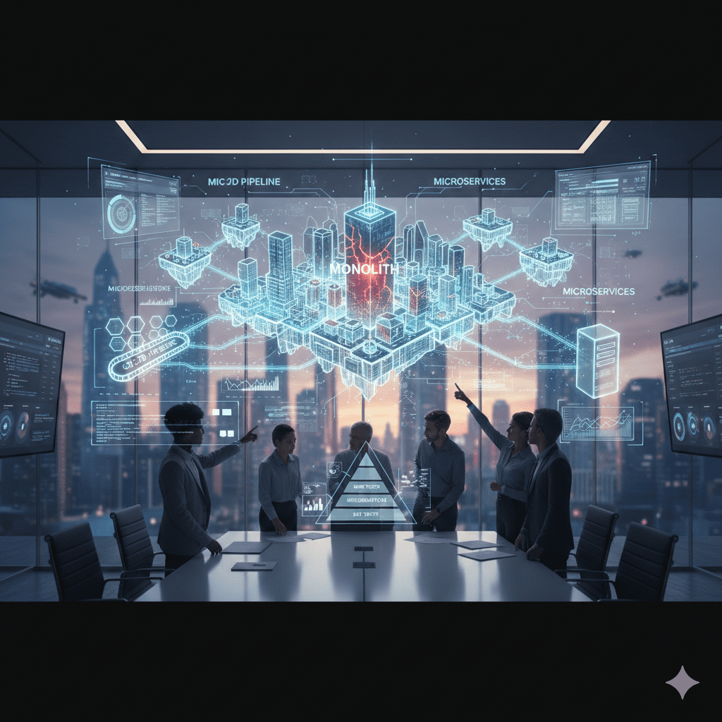 A high-tech boardroom where product leaders and engineers discuss technology and product foundations using a 3D hologram of monolith and microservices architecture