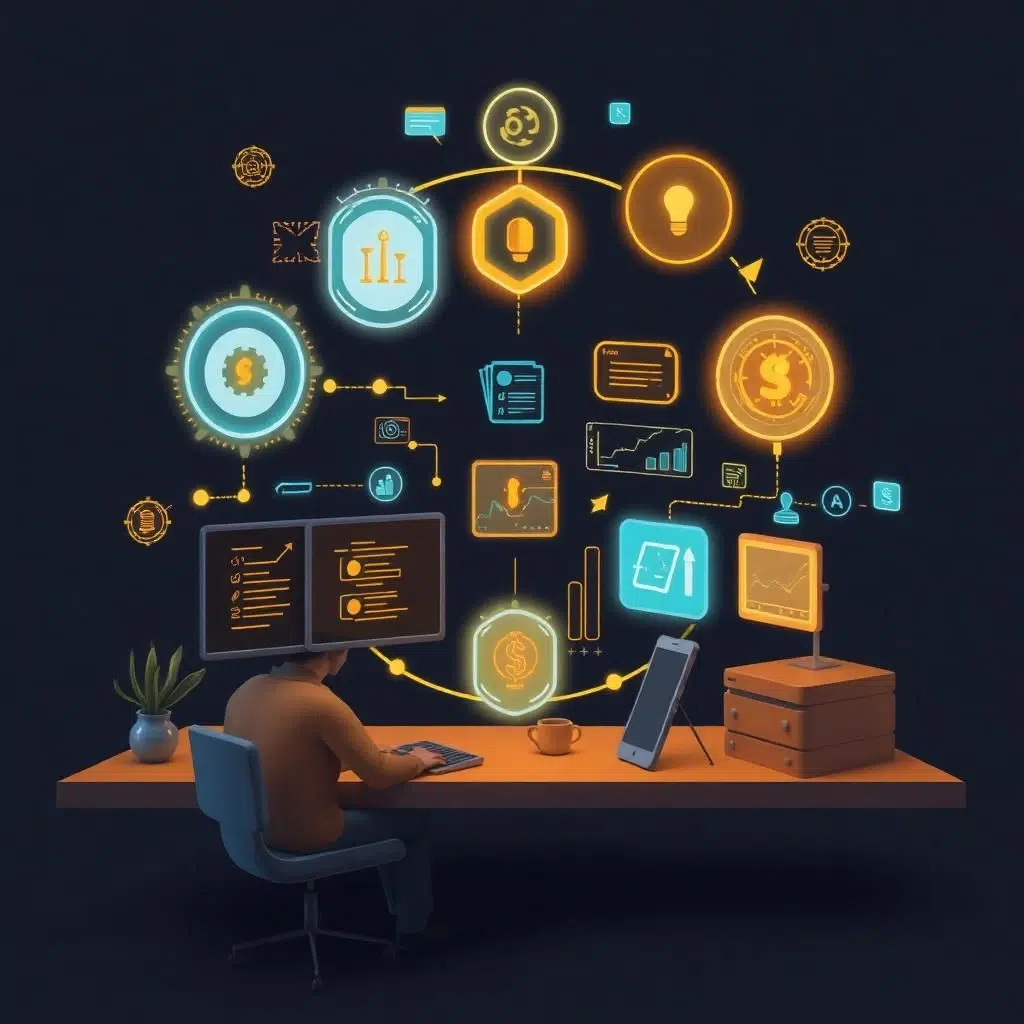 CIO explaining business models in software to executive team with digital dashboard