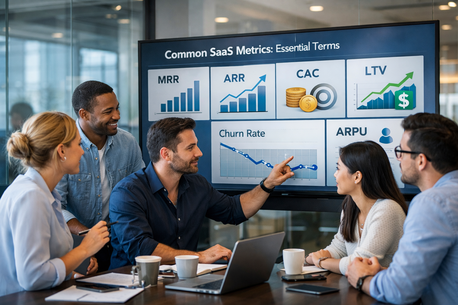 Common SaaS metrics dashboard showing growth, churn, and revenue data