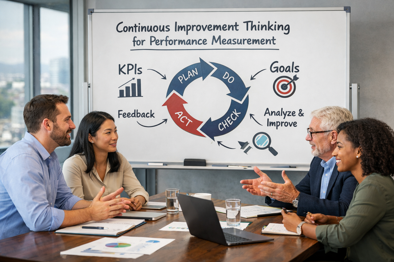 Continuous improvement thinking dashboard showing performance metrics, process optimization, and data-driven improvement cycles.