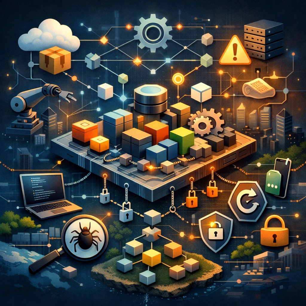 Visual diagram of dependency management showing interconnected software libraries linked to a core application