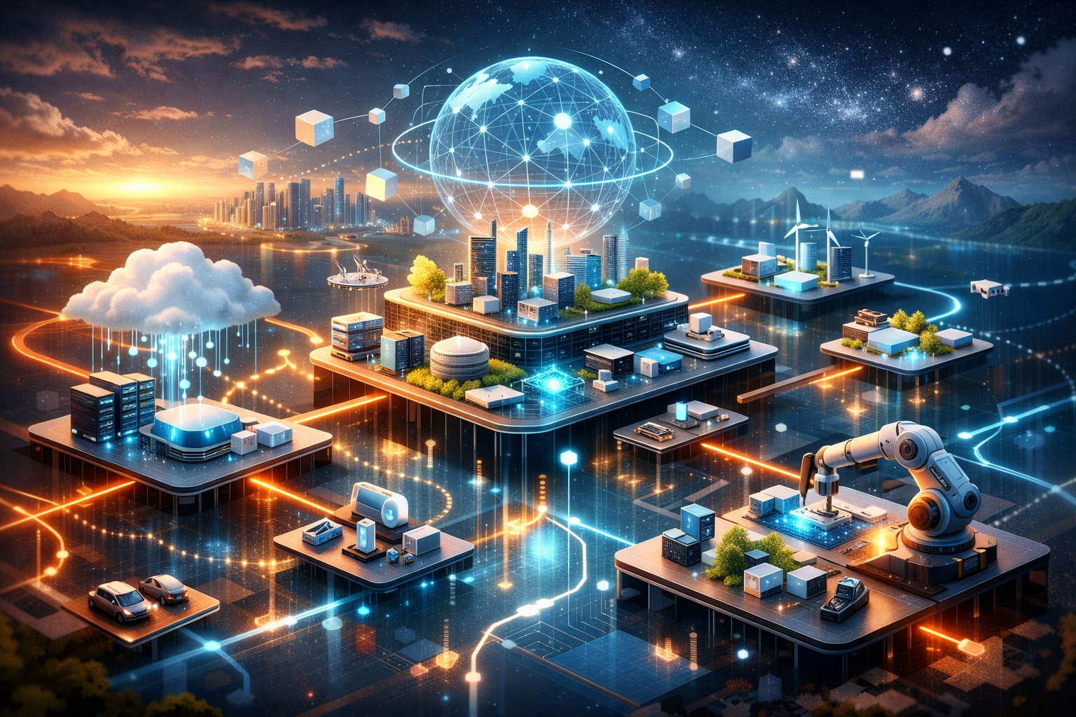 Illustration showing ecosystem scalability with a growing network of users, partners, and integrations around a central platform