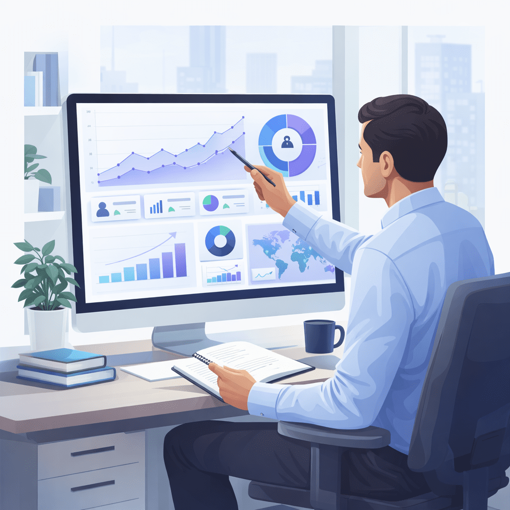 Growth metrics fundamentals dashboard showing KPIs, performance charts, revenue growth, and data analytics.