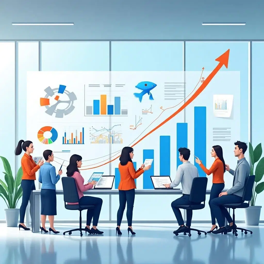 Business team analyzing charts and dashboards to implement strategies for scaling a business efficiently and sustainably