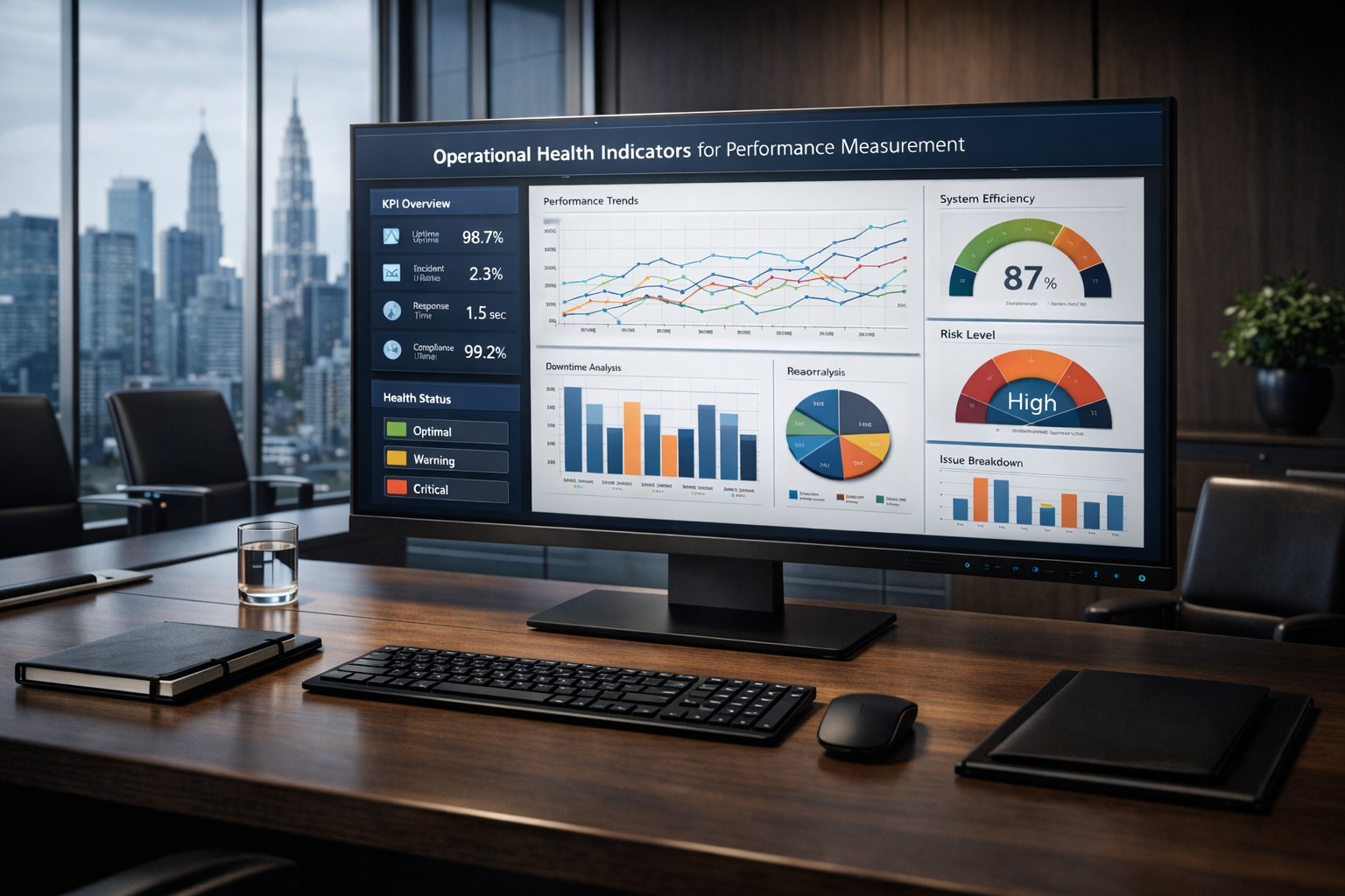 Operational health indicators dashboard showing system reliability, efficiency metrics, and performance analytics.