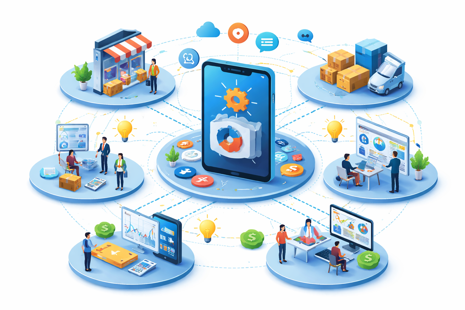 Diagram illustrating platform ecosystems explained with producers, consumers, partners, and a core digital platform