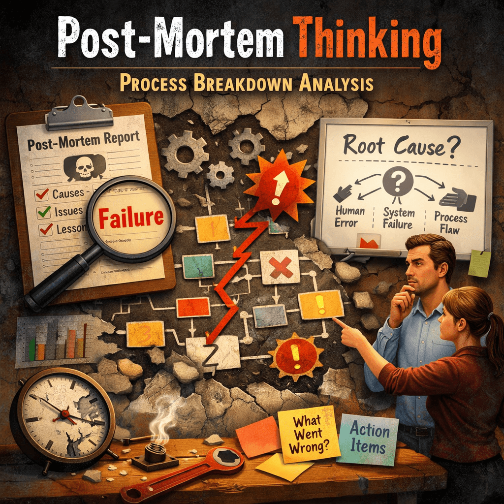 Post-mortem thinking used for process breakdown analysis in organizational workflows