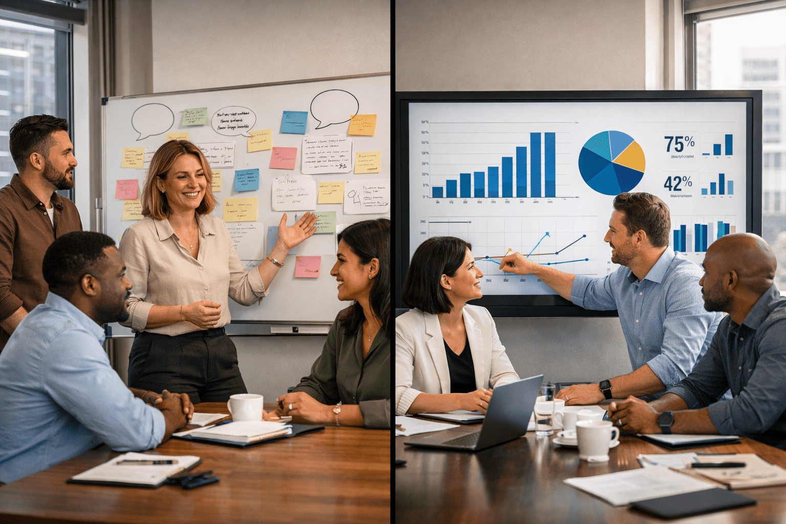 Qualitative vs quantitative feedback comparison showing charts, data metrics, and user insights for performance measurement.