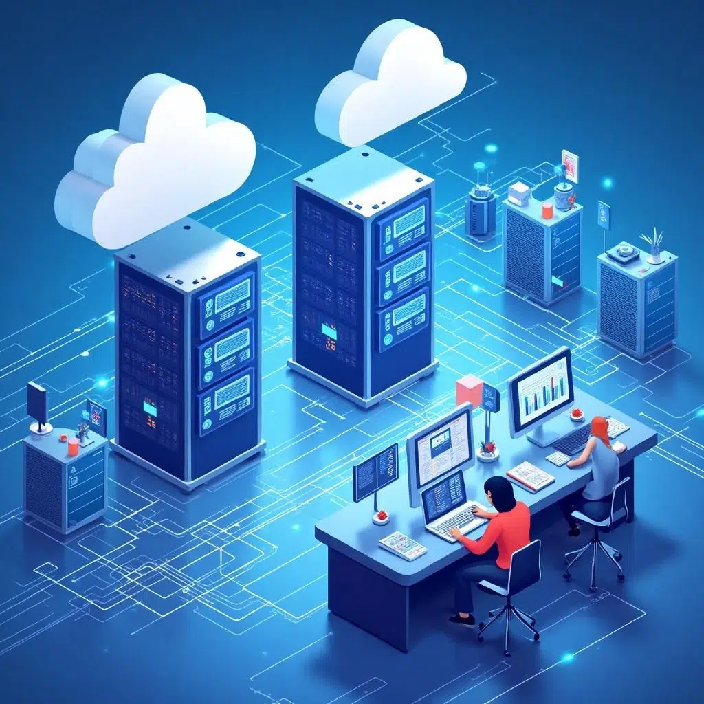 Engineers monitoring cloud servers and modular software systems to scale product infrastructure for business growth and reliable performance