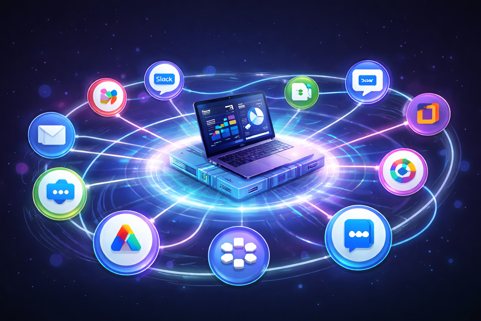 Illustration showing third party integrations connecting multiple external services to a central digital platform
