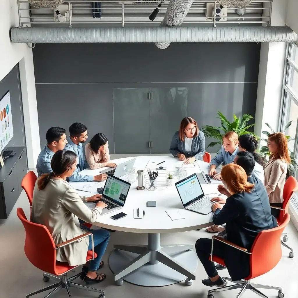 Professionals collaborating in a modern workspace illustrating usability principles in product design.