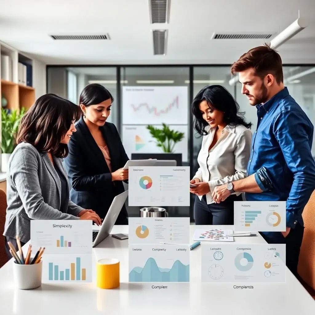 Professionals collaborating in a modern workspace illustrating simplicity vs complexity tradeoffs in product design