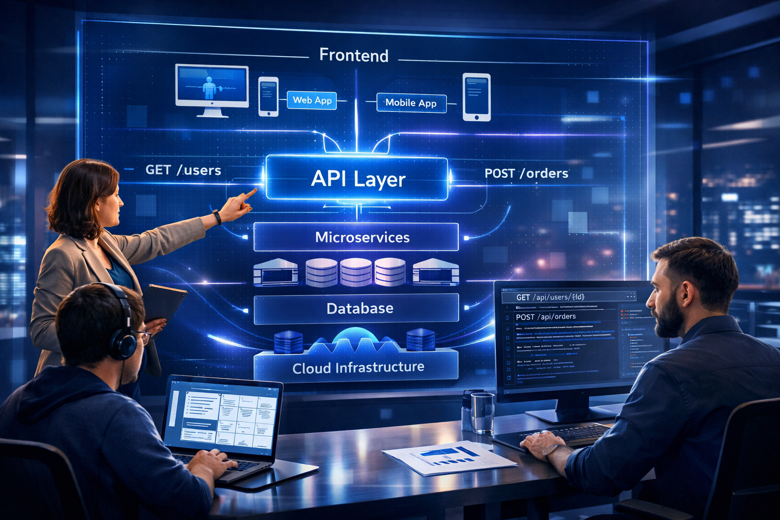 API First Design in end to end software development showing layered architecture with frontend, API layer, microservices, database and cloud infrastructure in a modern tech office