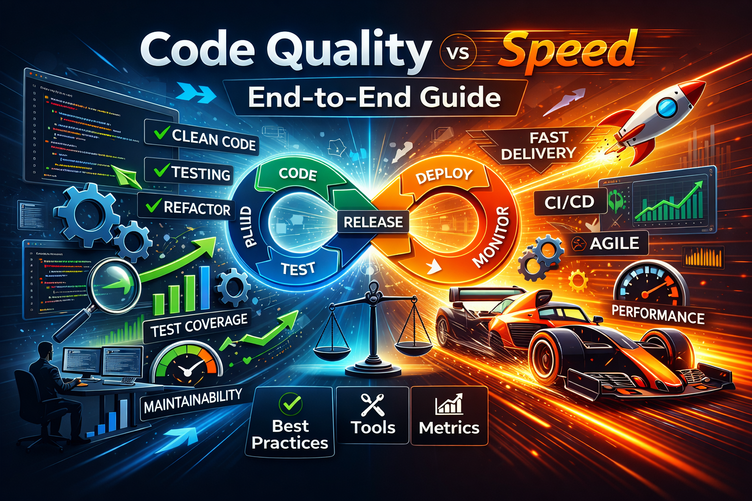 Code Quality vs Speed end-to-end guide infographic showing DevOps infinity loop, CI/CD pipeline, clean code practices, agile workflow, testing, deployment, performance metrics, and fast delivery concept in a modern tech illustration.