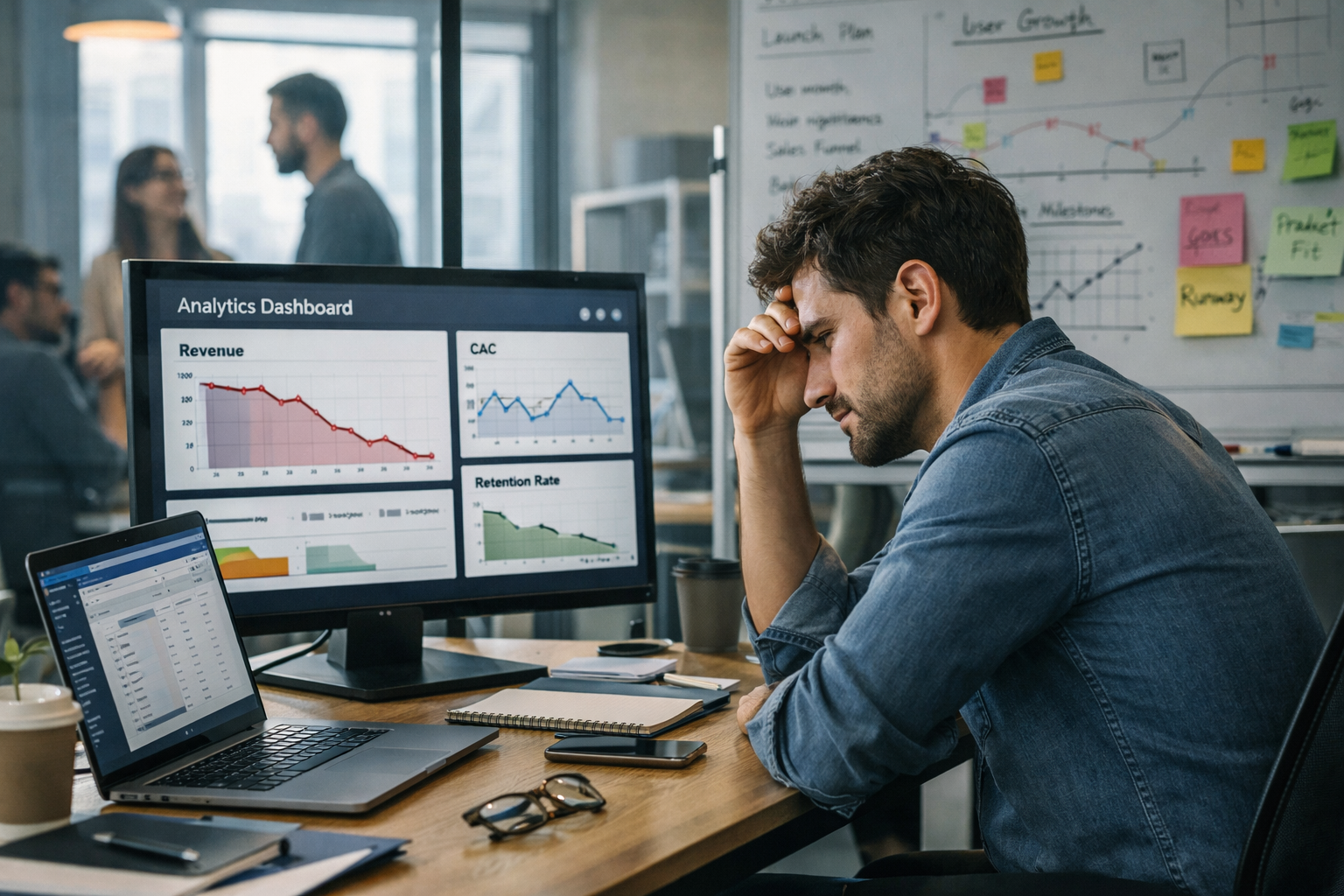 Early-stage startup founder reviewing declining revenue and retention analytics in a modern office workspace