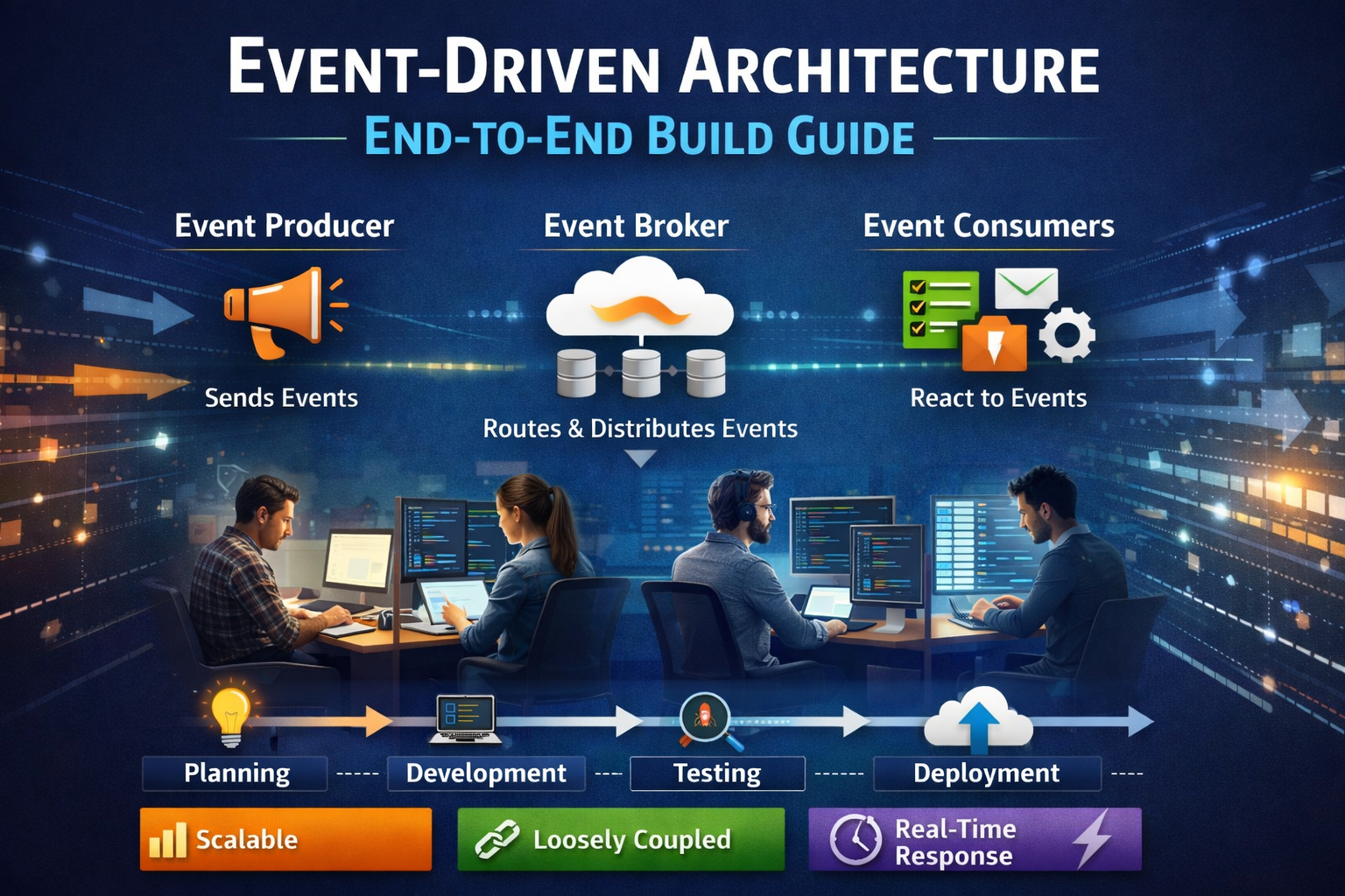 Event-Driven Architecture diagram showing event producer, event broker, and event consumers with a realistic software development team collaborating through planning, development, testing, and deployment stages.
