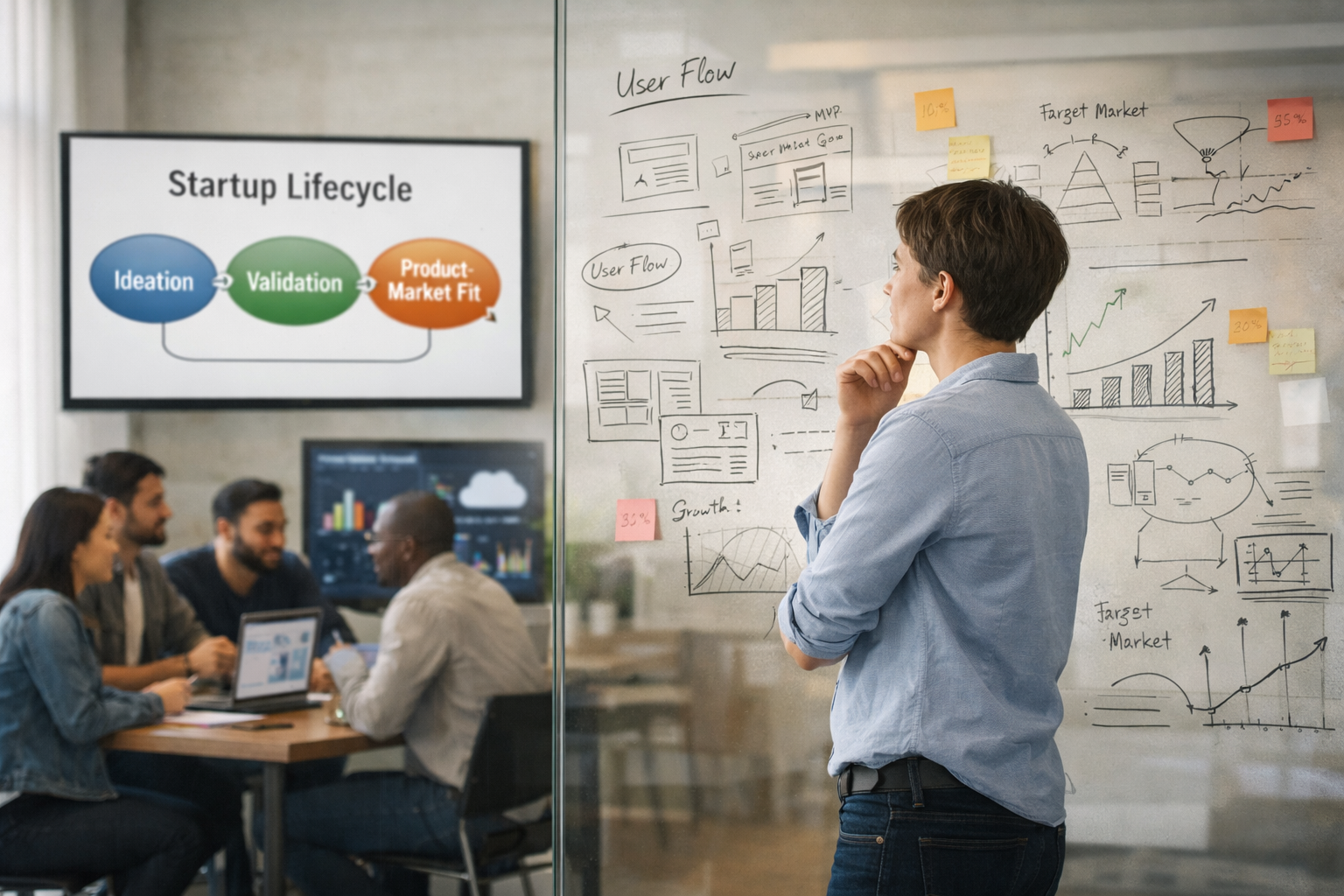 Founder analyzing startup lifecycle stages on glass board with team collaborating in modern tech office, representing Founder-Market Fit and innovation strategy.