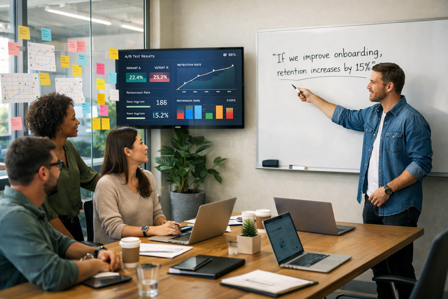 Modern startup team discussing hypothesis-driven development strategy with A/B testing dashboard and retention growth metrics in a bright office.