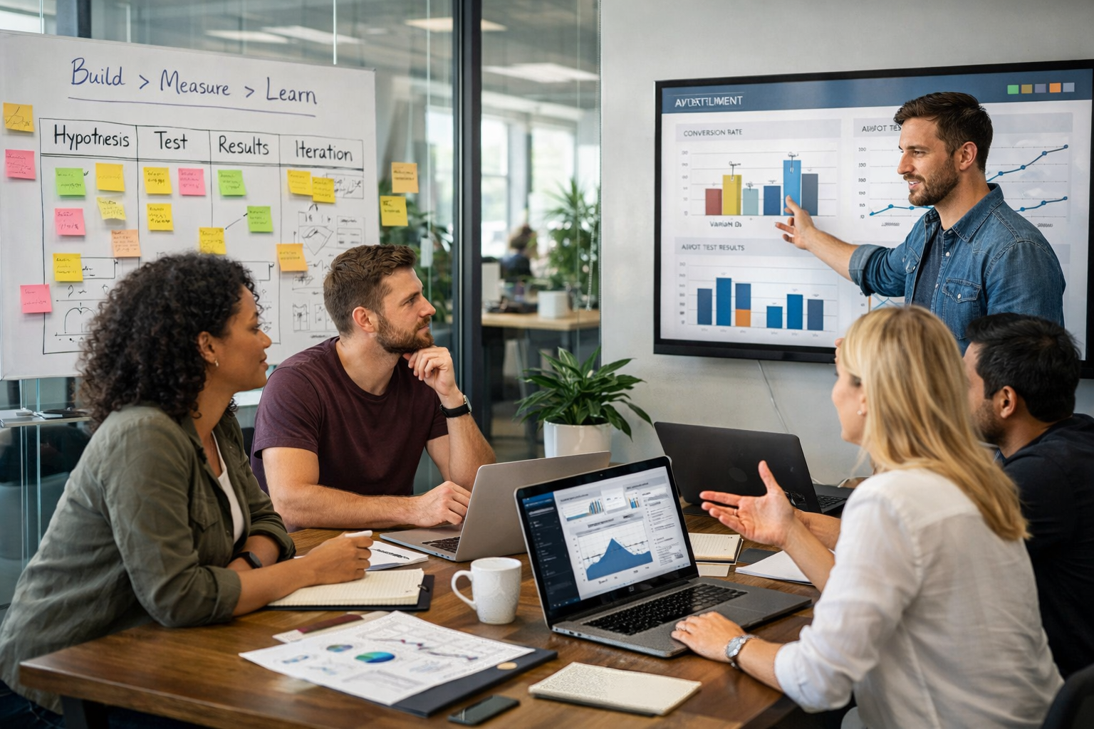 Lean Experimentation Models for Founders team meeting in a modern startup office reviewing Build-Measure-Learn analytics and A/B test results