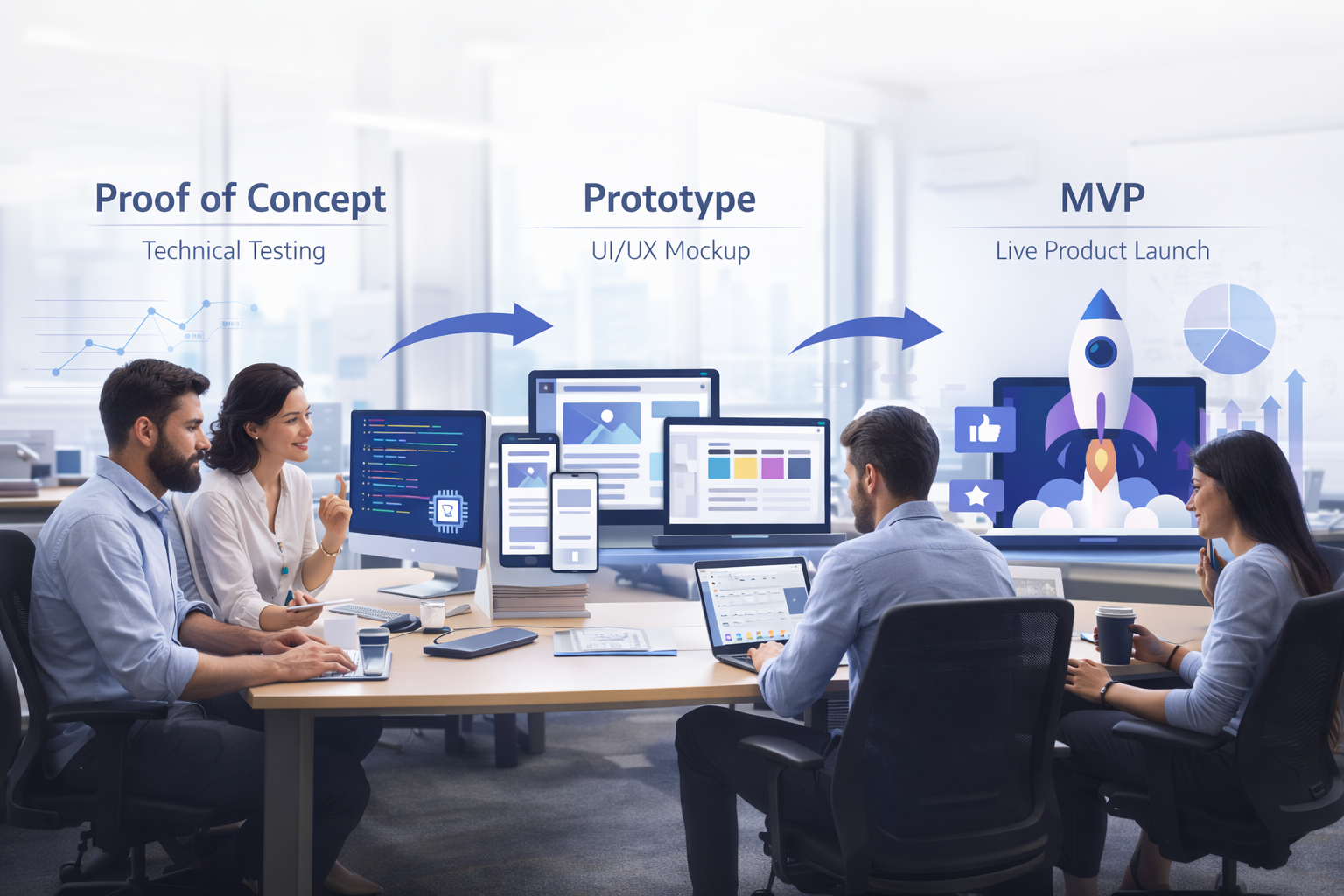 MVP vs Prototype vs Proof of Concept workflow in a modern office showing team collaborating on technical testing, UI mockups, and product launch