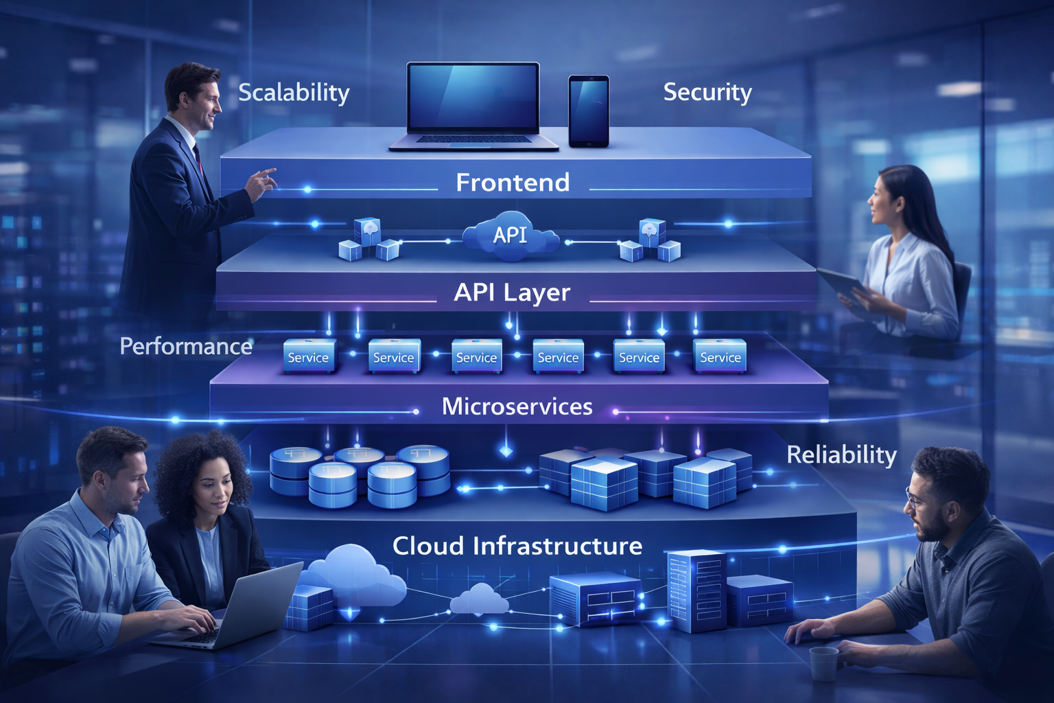 Modern system architecture fundamentals diagram showing frontend, API layer, microservices, database, and cloud infrastructure with IT professionals in a modern office.
