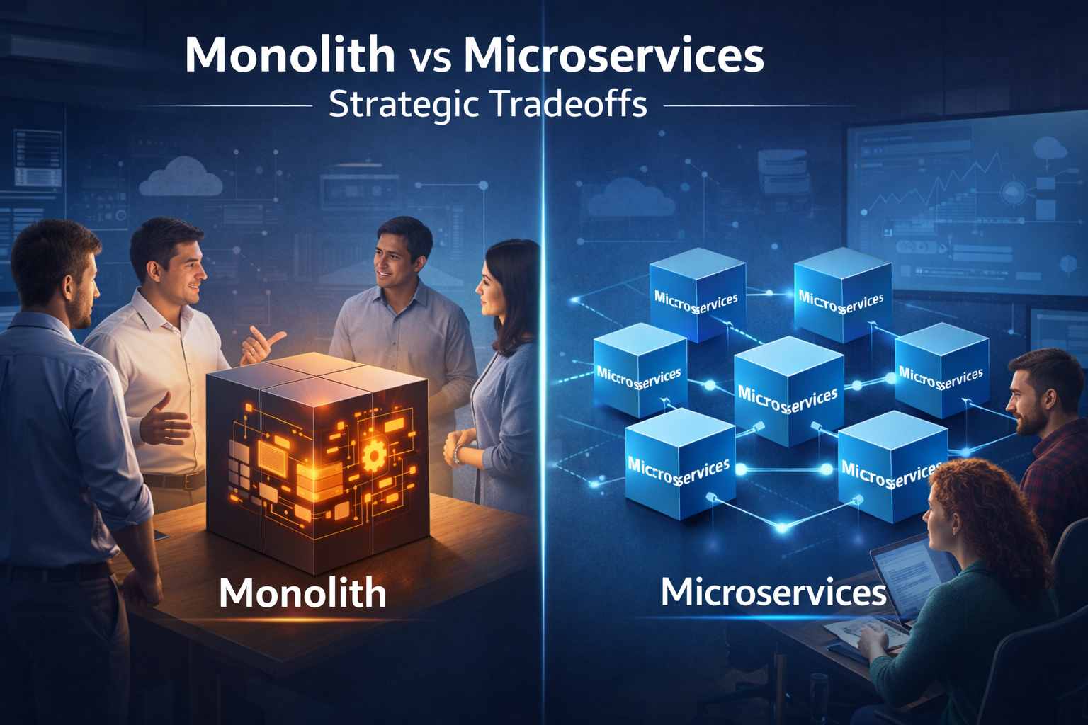 Monolith vs Microservices architecture comparison showing single unified system and distributed microservices connected by APIs
