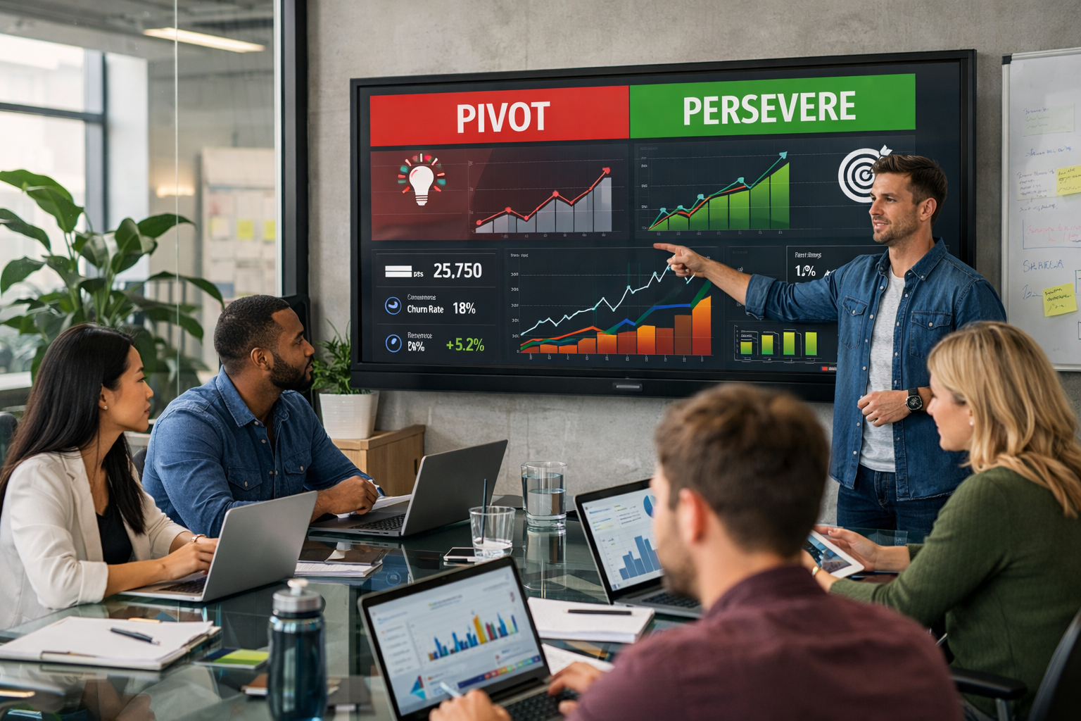 Startup team in modern office reviewing data dashboard labeled Pivot and Persevere during innovation strategy meeting