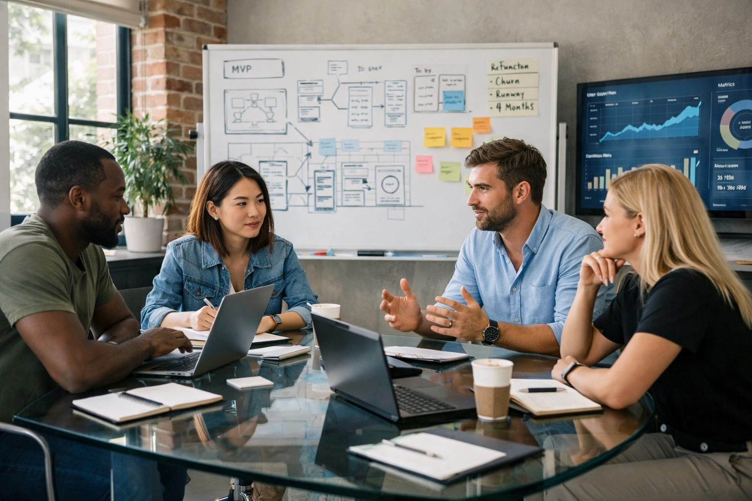 Startup founders in a modern office reviewing MVP wireframes, retention metrics, and analytics during a Pre-Product-Market-Fit strategy meeting.