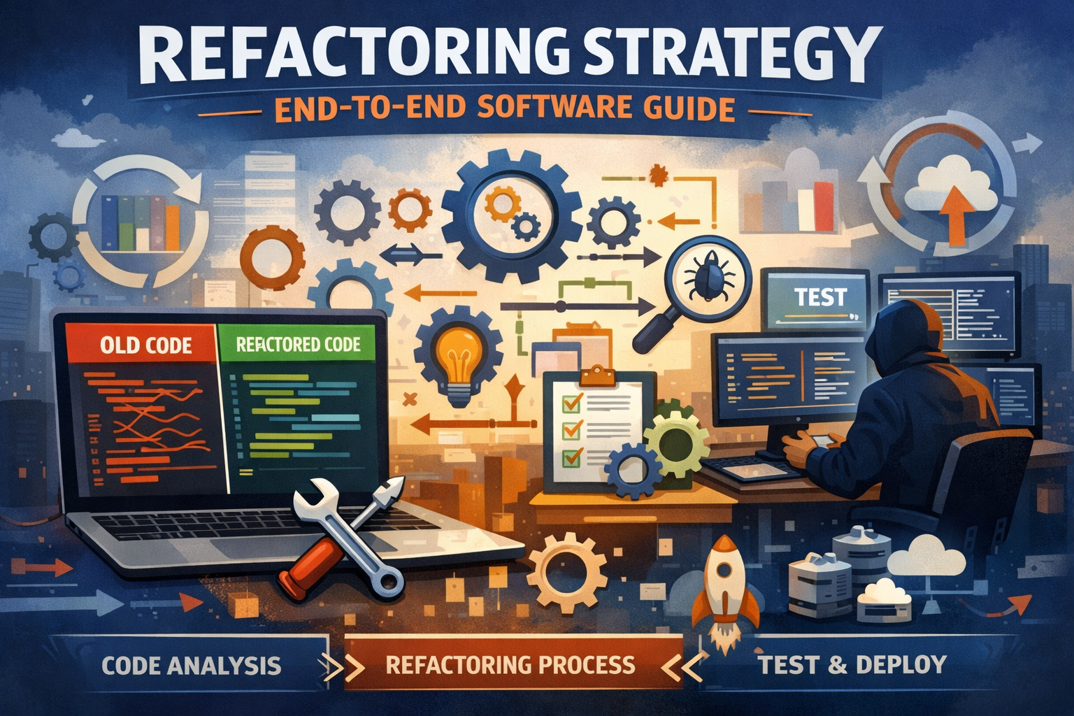 Refactoring Strategy End-to-End Software Guide illustration showing old code vs refactored code, developer testing, code analysis, refactoring process, and cloud deployment workflow