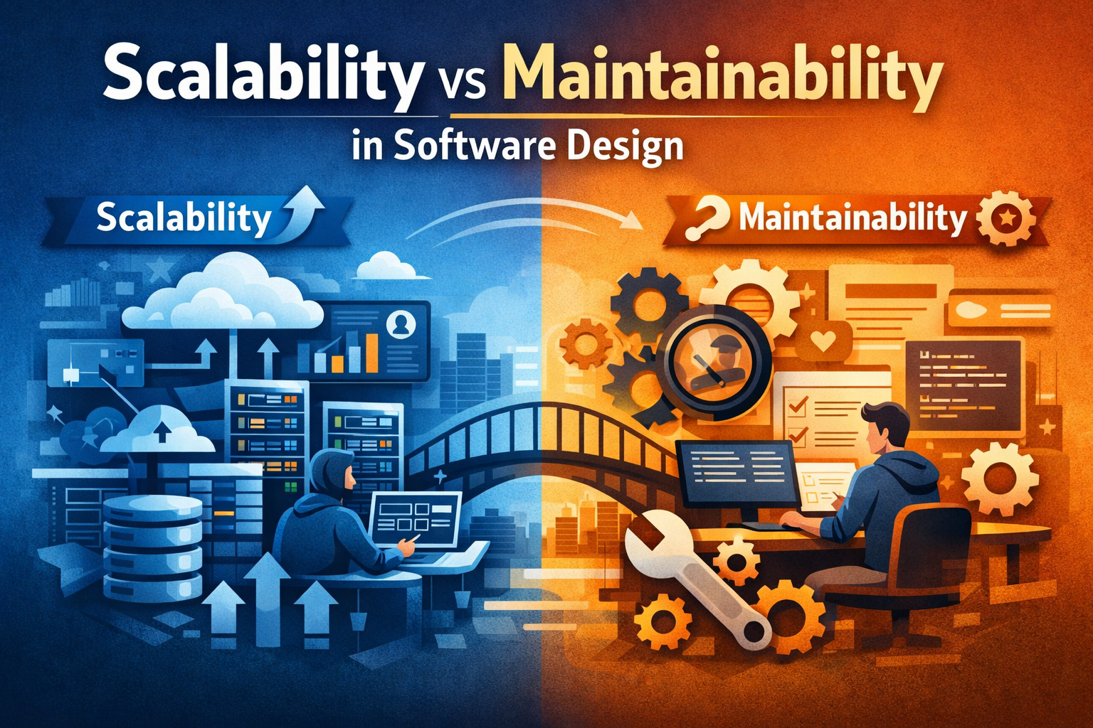 Scalability vs Maintainability in Software Design illustration showing split architecture with scalable cloud infrastructure on one side and maintainable modular code system on the other