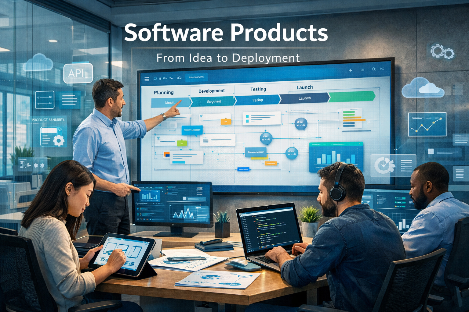 Software product development team collaborating in a modern office with roadmap timeline, coding screens, cloud dashboards, and SaaS interface display.