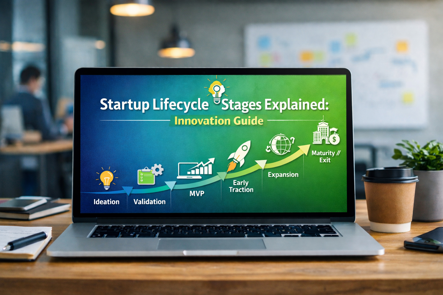 Startup Lifecycle Stages Explained innovation guide infographic displayed on a laptop screen showing ideation, validation, MVP, early traction, growth, expansion, and maturity stages in a modern office setting