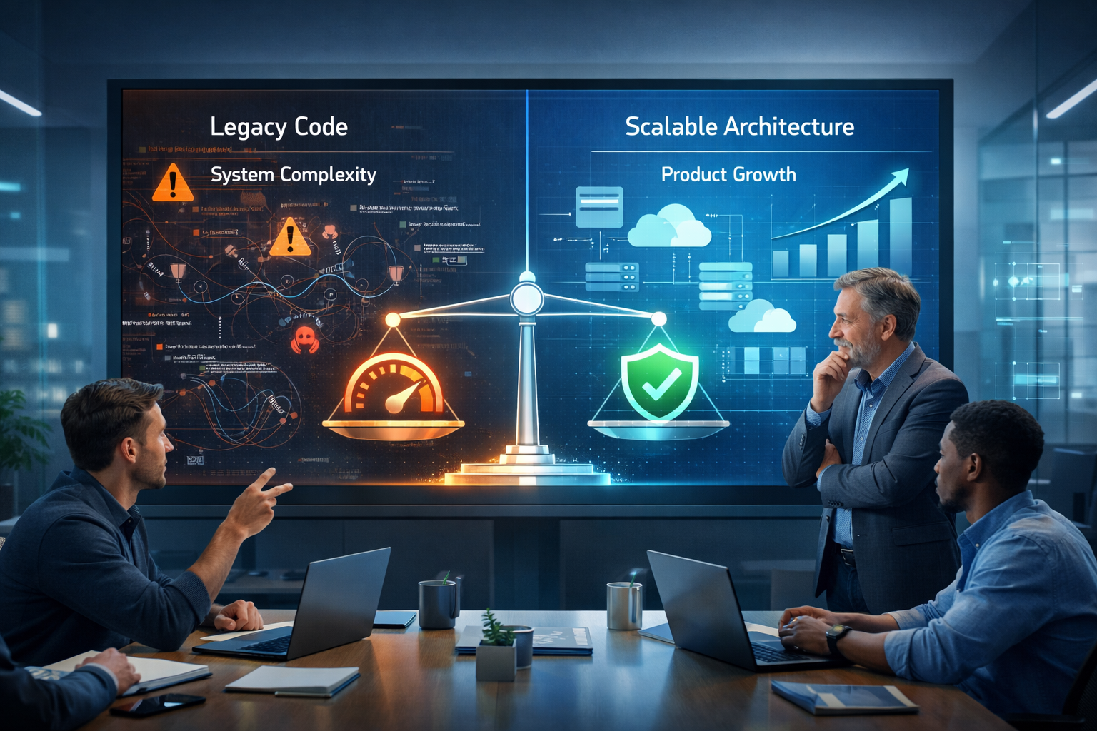 Modern product team in a technology office balancing legacy code and scalable architecture on a digital dashboard, representing managing technical debt without slowing product growth.