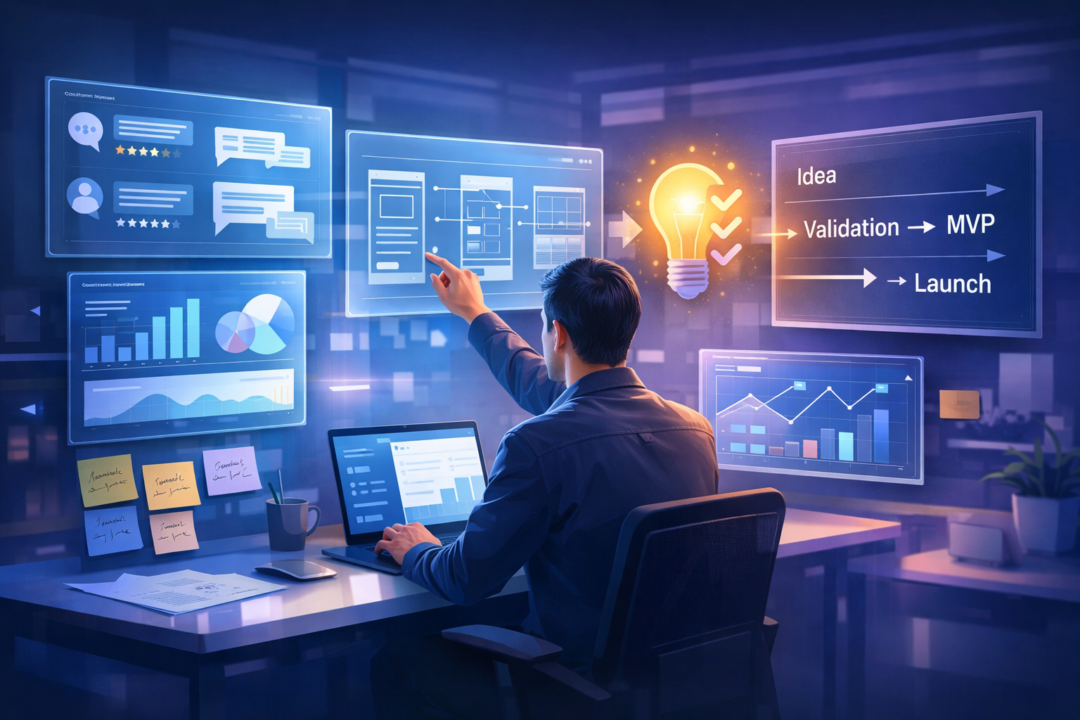 Startup founder validating startup ideas before building using holographic data dashboards, customer feedback charts, wireframes, and innovation roadmap in a futuristic workspace.