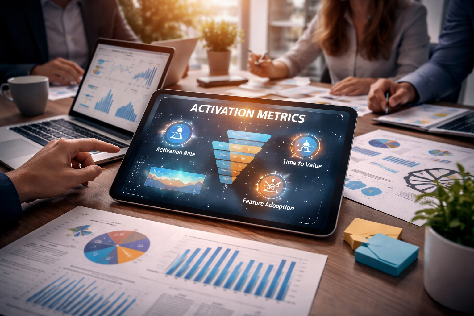 Activation metrics dashboard showing customer experience data, onboarding performance, and retention insights in a business meeting