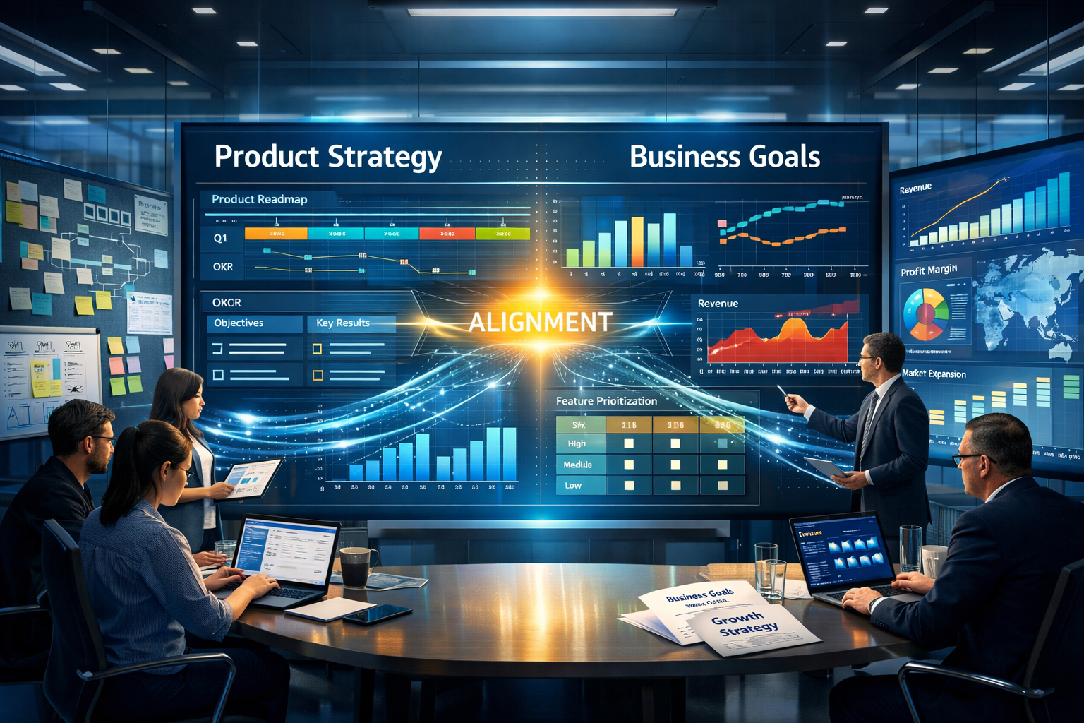 High-resolution digital illustration of aligning product strategy with business goals in a modern enterprise strategy room featuring KPI dashboards, OKR framework, product roadmap, and executives reviewing revenue metrics.