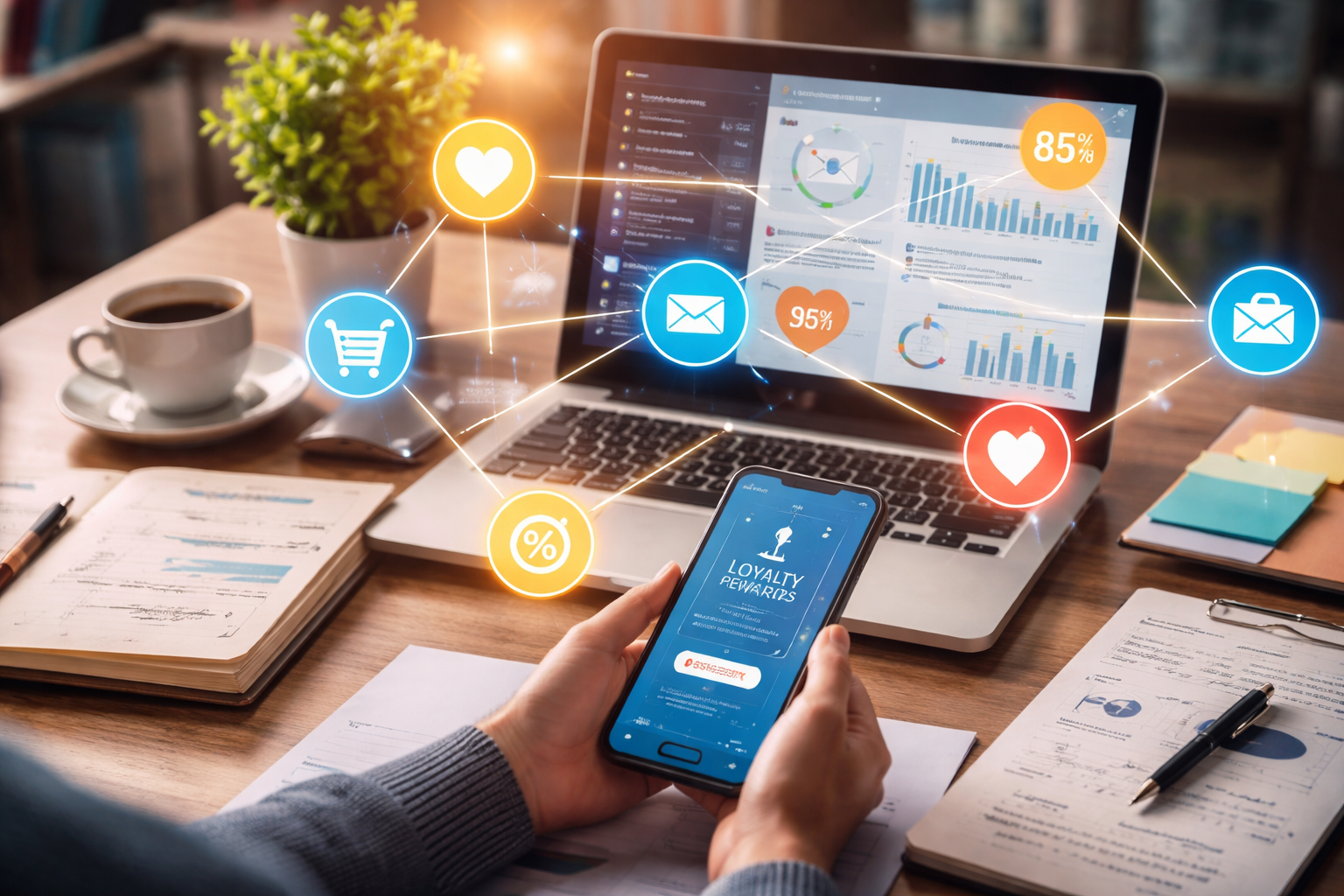Behavioral retention triggers dashboard showing customer analytics, engagement icons, and loyalty rewards on laptop and mobile device