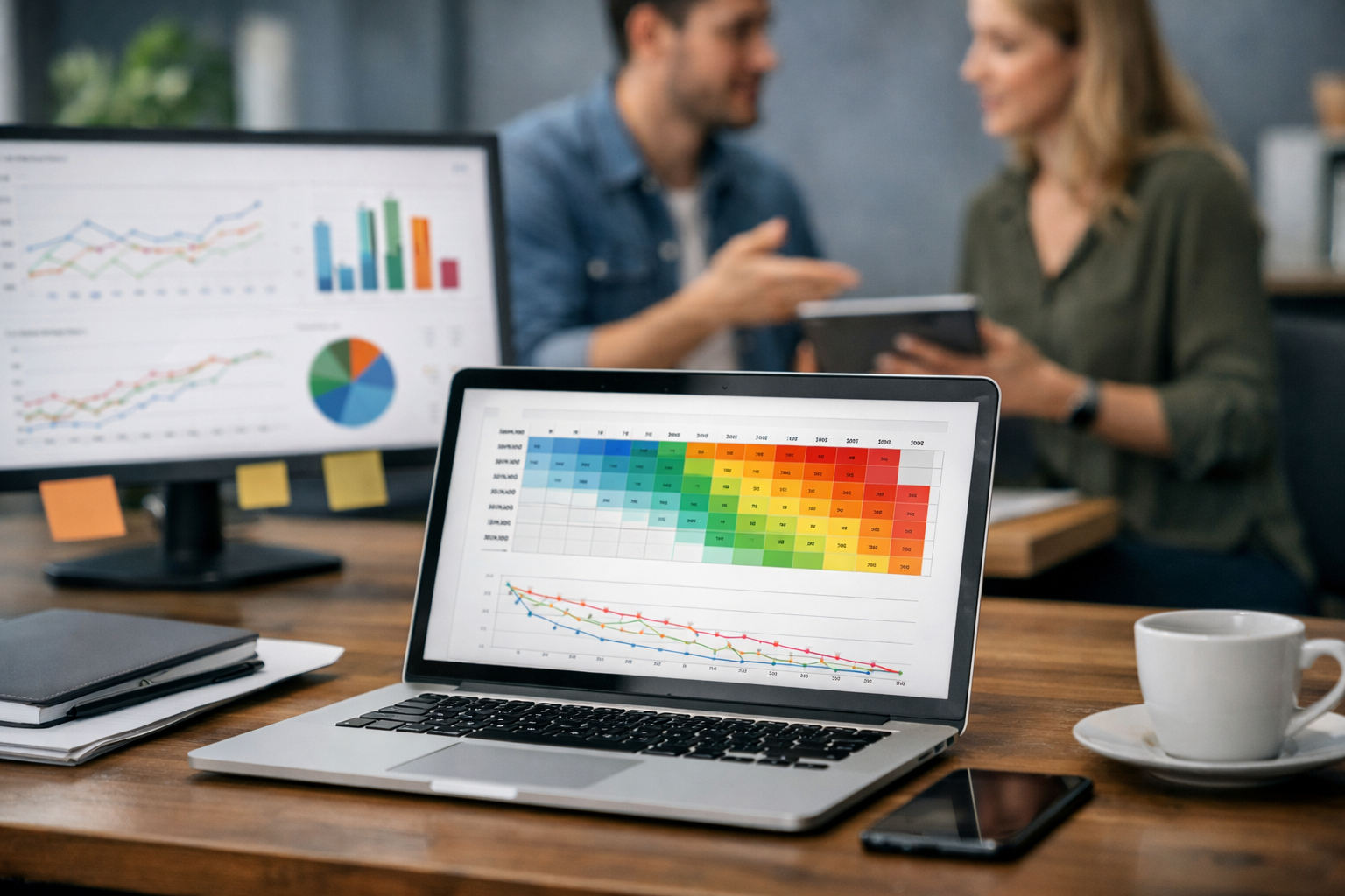 Cohort retention analysis dashboard showing user behavior trends, heatmap data, and customer engagement metrics on a laptop