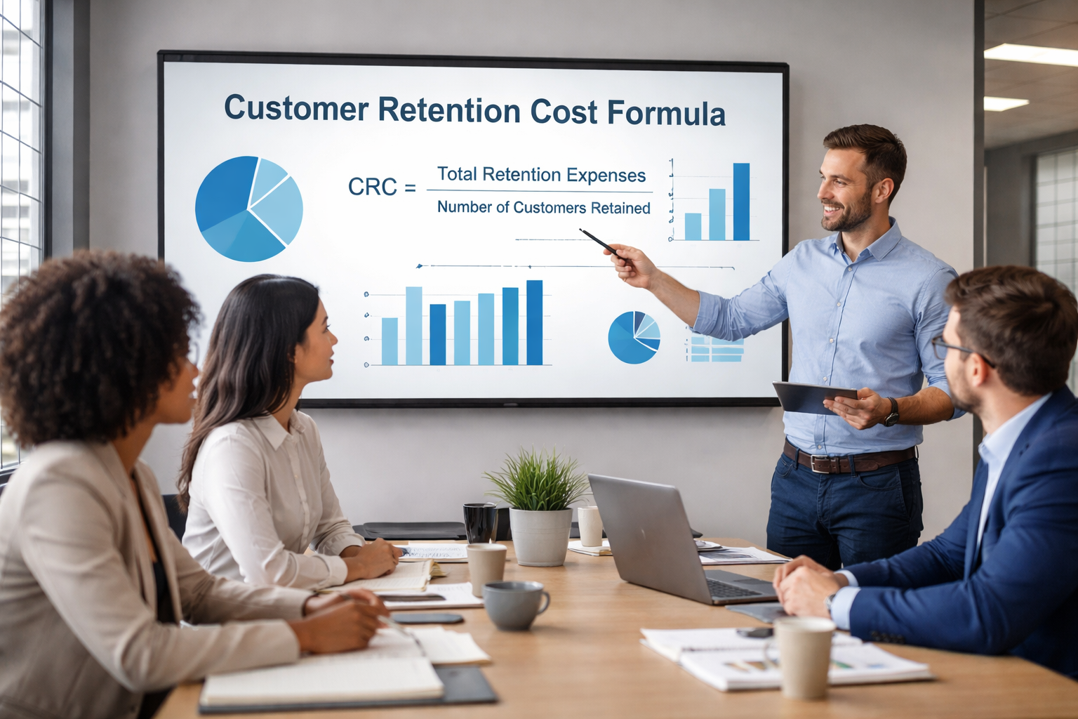 Customer retention cost formula presentation with business team discussing retention strategy and marketing metrics.