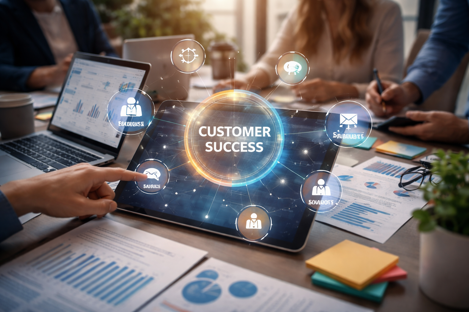 Customer success systems dashboard with team analyzing data to improve customer experience and retention