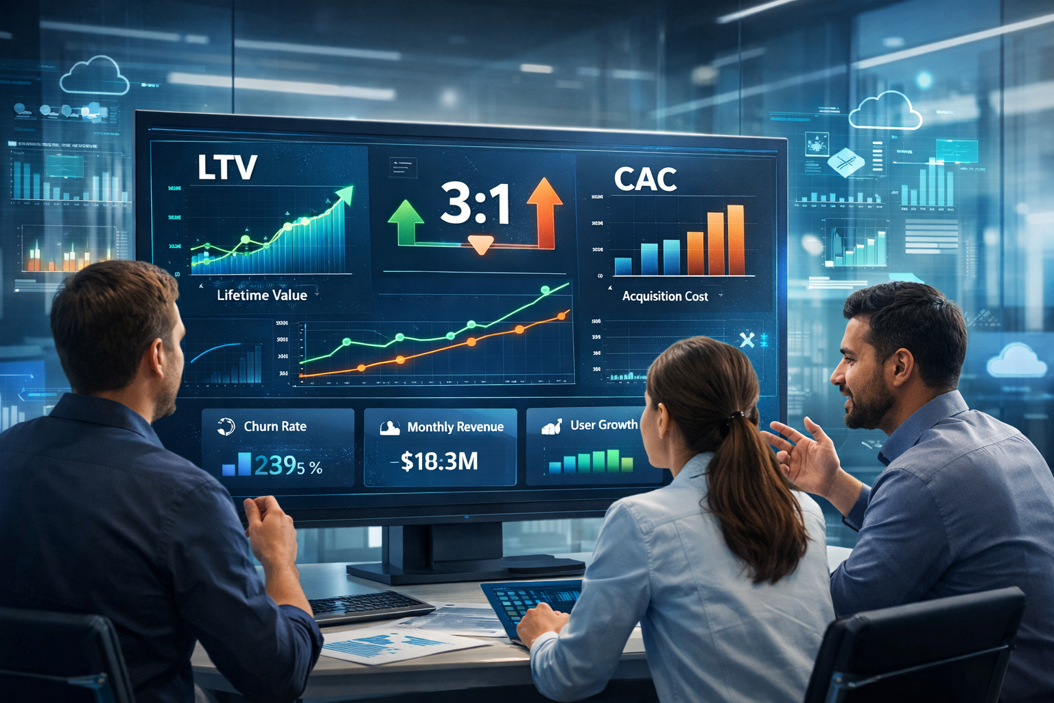 SaaS analysts reviewing analytics dashboard comparing LTV and CAC metrics with graphs showing product-market fit and customer growth