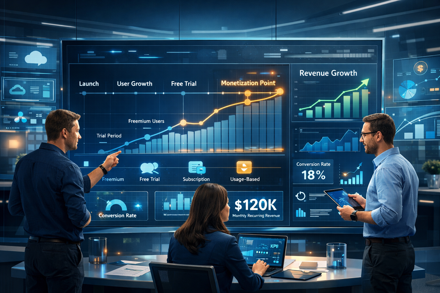SaaS product managers analyzing dashboard showing monetization timing decisions, software pricing strategy, user growth, and revenue metrics