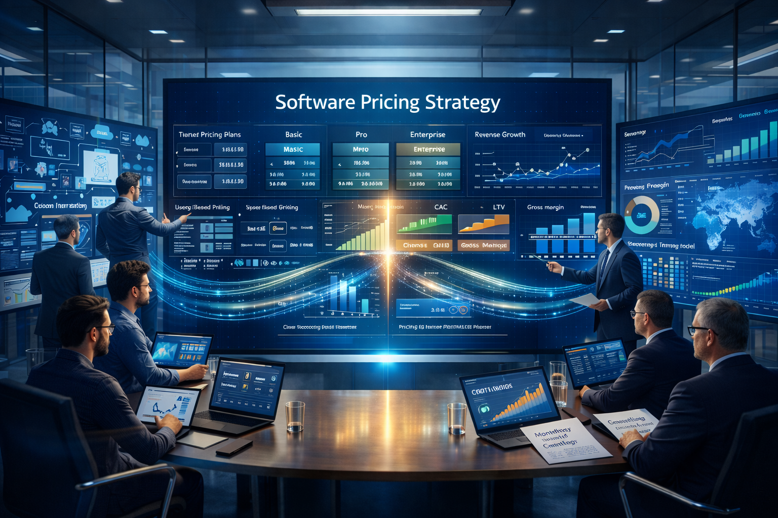 High-resolution illustration of pricing strategy fundamentals for software growth showing SaaS pricing tiers, MRR and ARR charts, CAC, LTV metrics, and executives aligning technology with revenue strategy.
