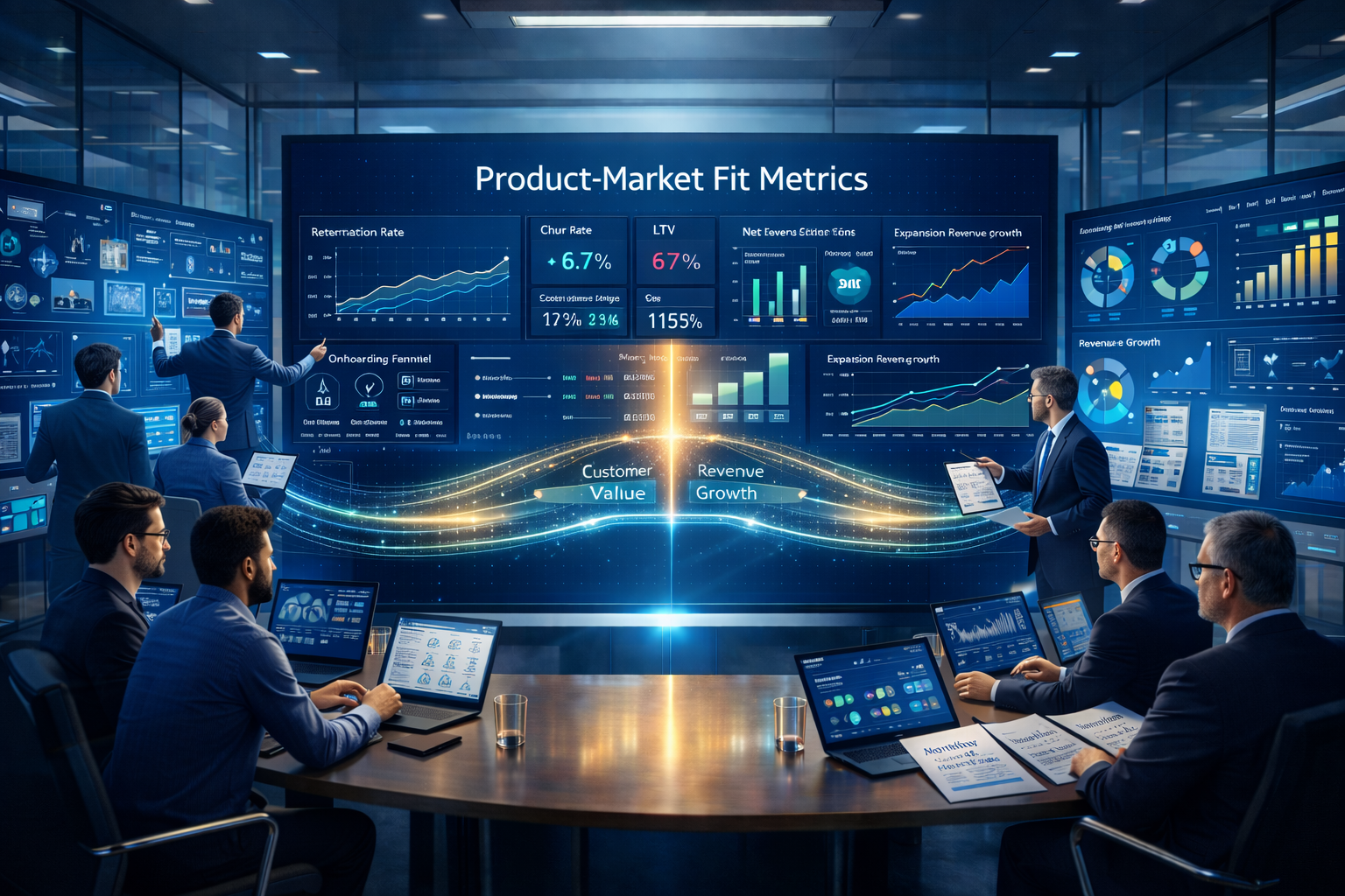 High-resolution illustration of product-market fit signals and metrics dashboard showing retention rate, churn, LTV, CAC, NRR, and revenue growth in a modern SaaS enterprise workspace.