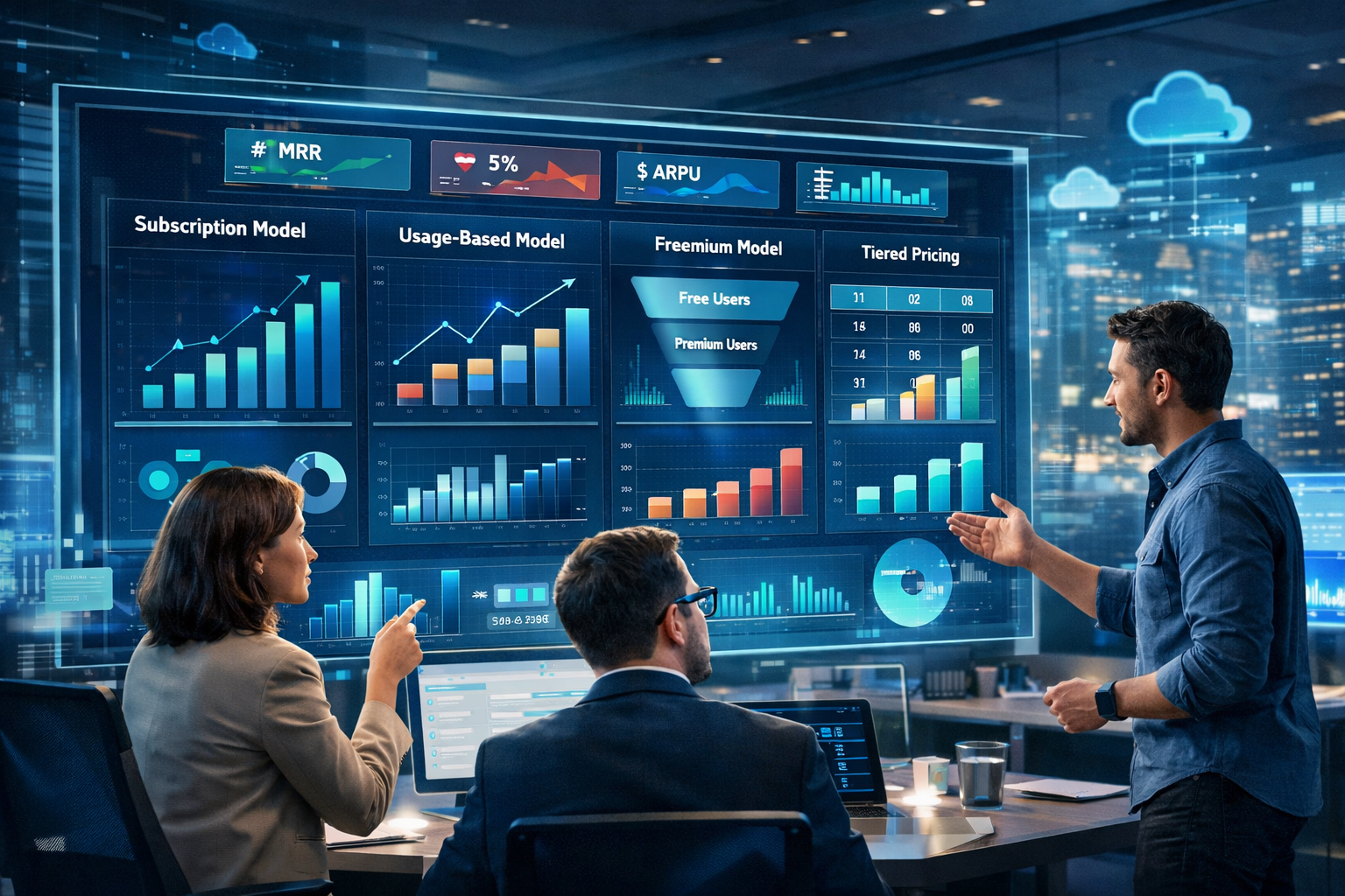 SaaS analytics dashboard comparing subscription, usage-based, freemium, and tiered pricing revenue models with product strategists analyzing business metrics