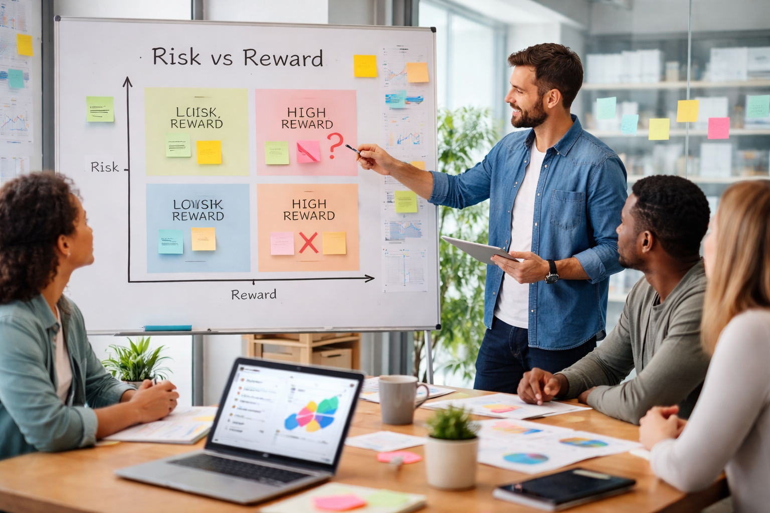 Product team analyzing risk vs reward matrix to prioritize product decisions during a strategic planning meeting