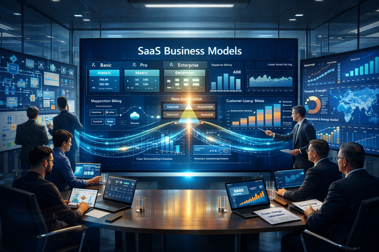 High-resolution illustration of SaaS business models explained in a modern enterprise boardroom showing pricing tiers, MRR and ARR growth charts, customer lifecycle funnel, cloud infrastructure, and executives aligning technology with revenue strategy.