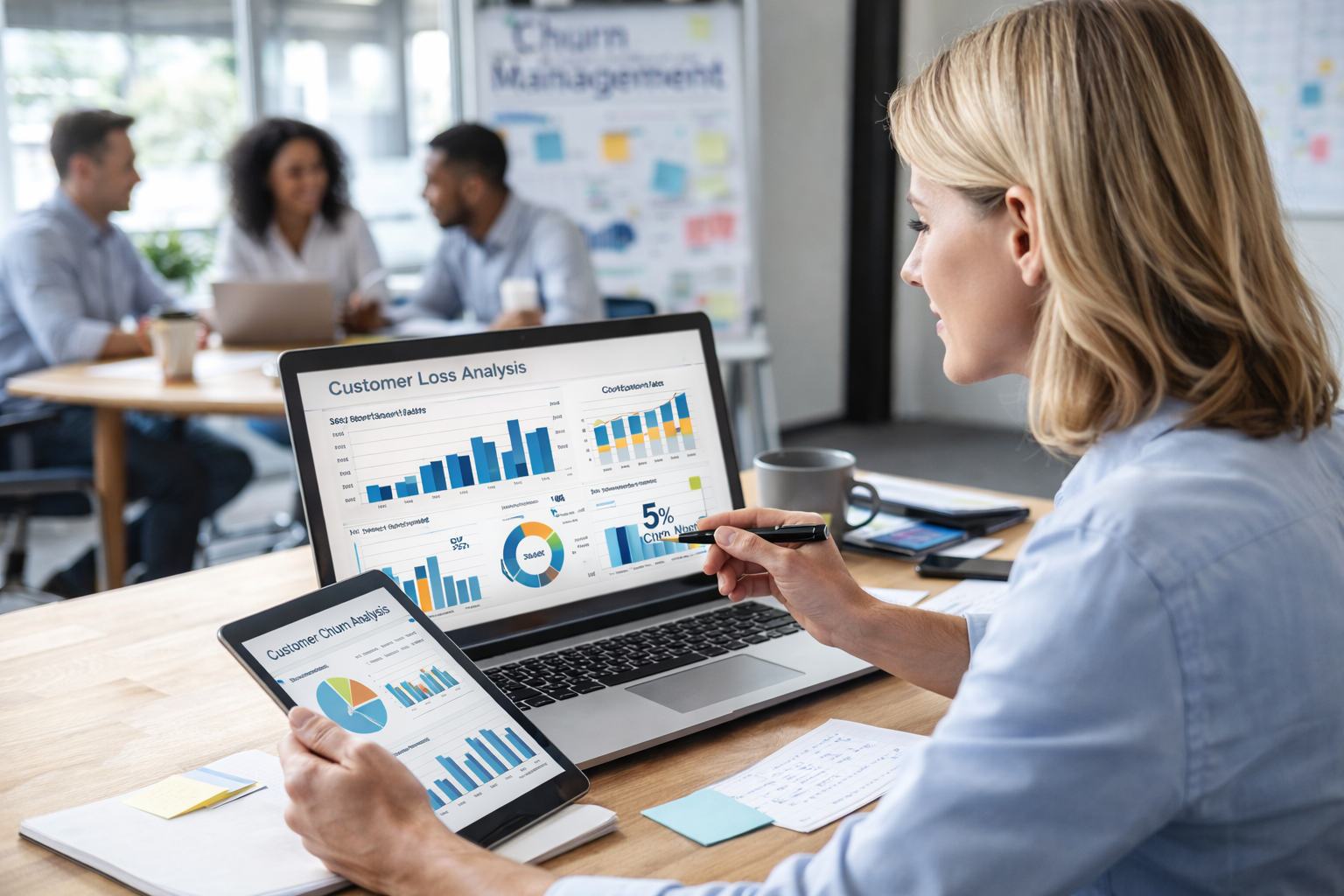 Marketing consultant analyzing SaaS churn data with team in office to understand and reduce customer loss in subscription businesses.